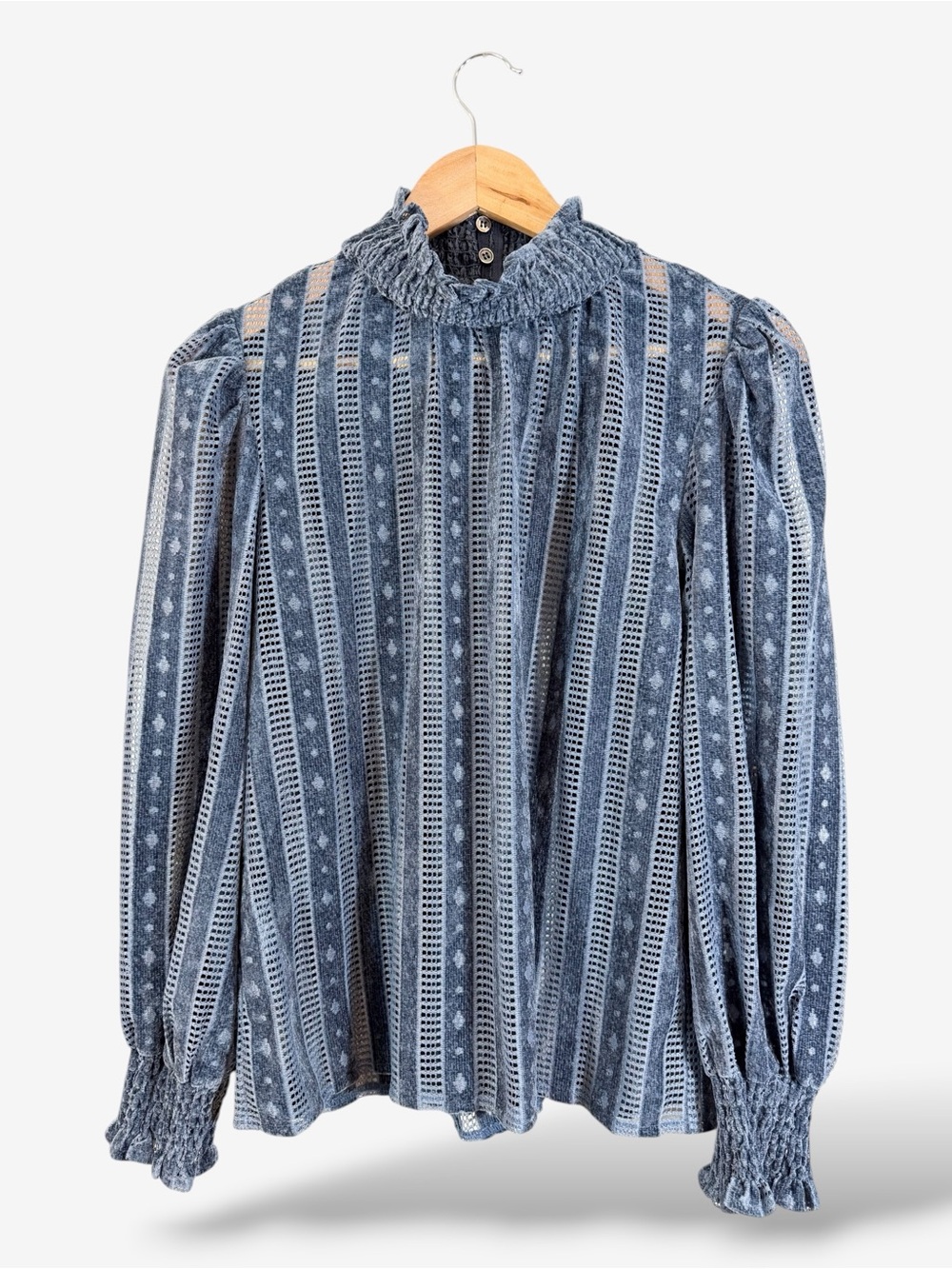 FRNCH Paris Blue Blouse Size M Chenille Lace Stripe High Mock Neck Puff Sleeve